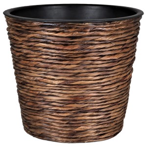 Waschbrauner Übertopf aus Wasserhyazinthe, Ø 16cm, handgefertigt im Boho-Stil mit schwarzem Kunststoffeinsatz.