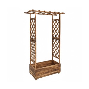Dunkelbrauner Blumenkasten aus geflammtem Tannenholz mit hohem Rankgitter und Dach für Kletterpflanzen auf Terrasse.