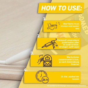Anleitung zur Anwendung von Pattex Montagekleber Power: Oberfläche reinigen, Kleber auftragen, Werkstücke fixieren, 24h aushärten lassen.