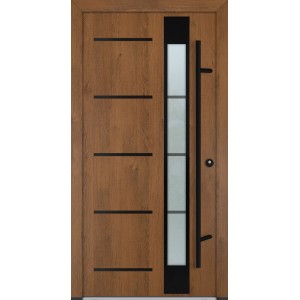 Moderne Winchester Haustür mit Edelstahlgriff, Glaseinsatz und Beschlägen.