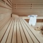 Innenansicht der SKYLINE BIG Sauna aus Tannenholz mit Bänken und Zubehör.