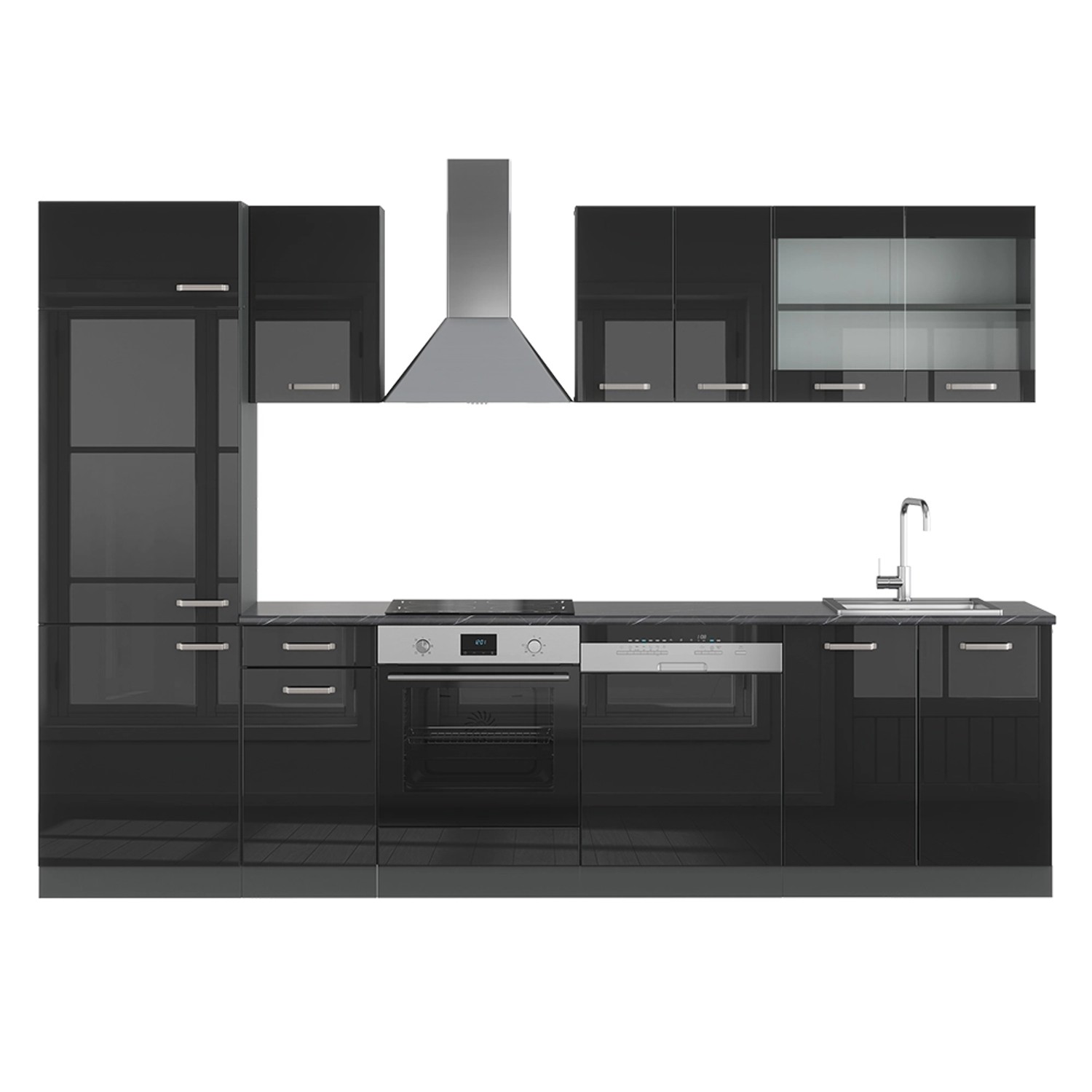 Vicco R-Line Küche Schwarz Hochglanz/Anthrazit 300 cm ohne Arbeitsplatte günstig online kaufen