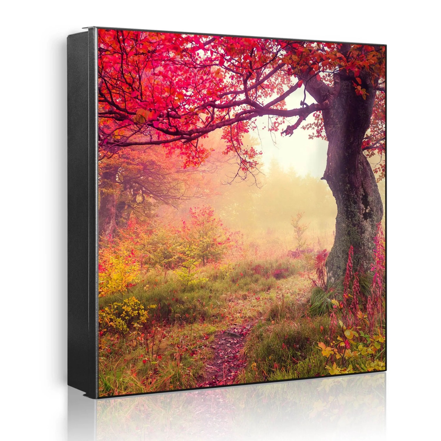 Banjado Großer Schlüsselkasten Metall 30x30cm Schwarz Scharnier Links 50 Haken Beschreibbar Magnetisch Motiv Lichtung Im Herbst