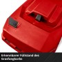 Detailaufnahme: Roter Einhell Akku-Rasenmäher Rasarro 36/42 mit Füllstandsanzeige.