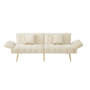 Helles Merax Schlafsofa 2 Sitzer mit Veloursbezug, goldenen Beinen und verstellbaren Armlehnen.