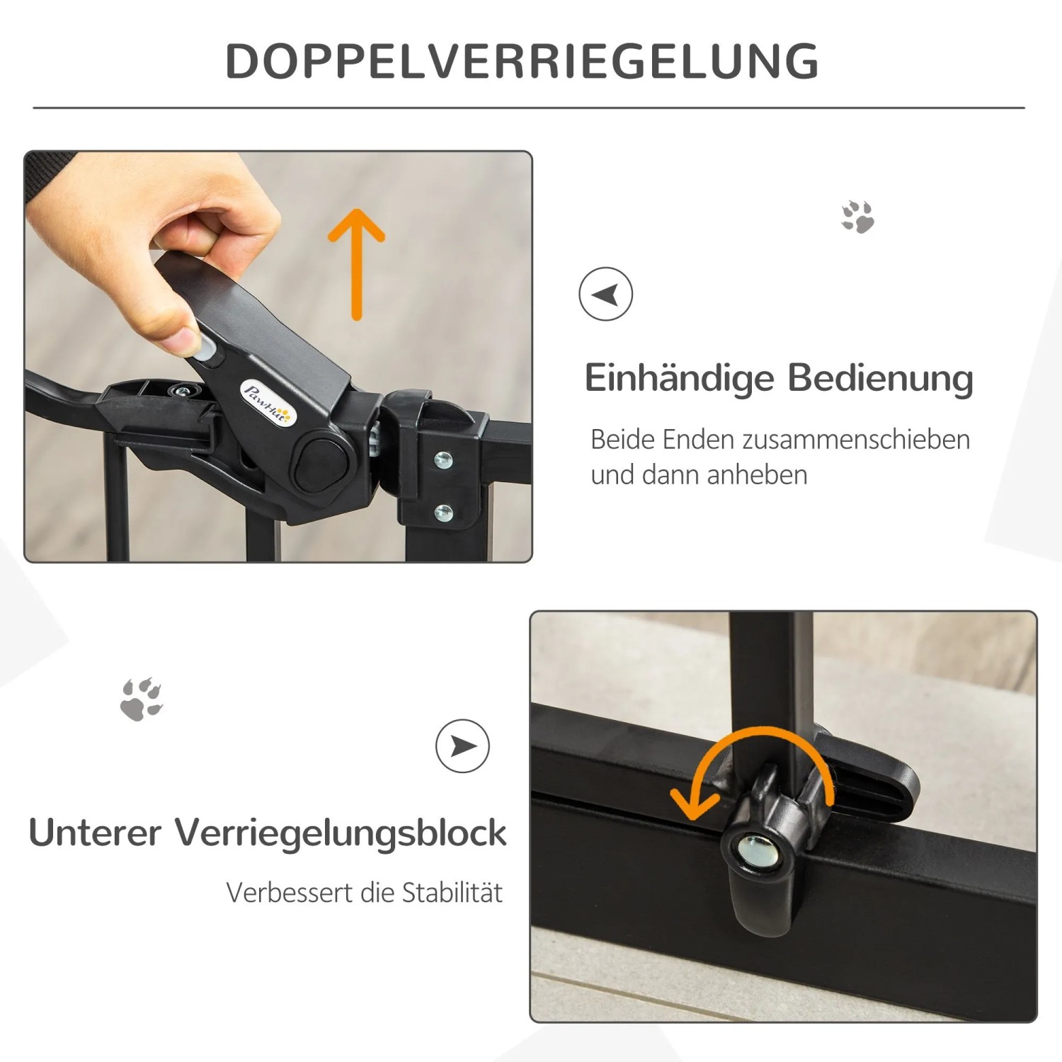 PawHut Türschutzgitter: Detail der Doppelverriegelung für einhändige Bedienung und des unteren Stabilitätsblocks.