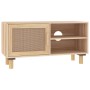 Brauner TV-Schrank aus Kiefernholz mit Rattan-Tür, 80 cm breit. Wohnwand.