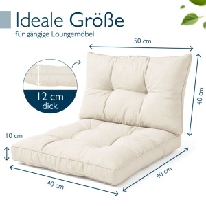Beiges Beautissu Lounge Kissen Set XLuna Outdoor. Sitzkissen 40x40x10cm, Rückenkissen 50x40x12cm, gepolstert.
