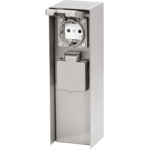2-fach Steckdosensäule IP44 in Silber aus Edelstahl für den Außenbereich.