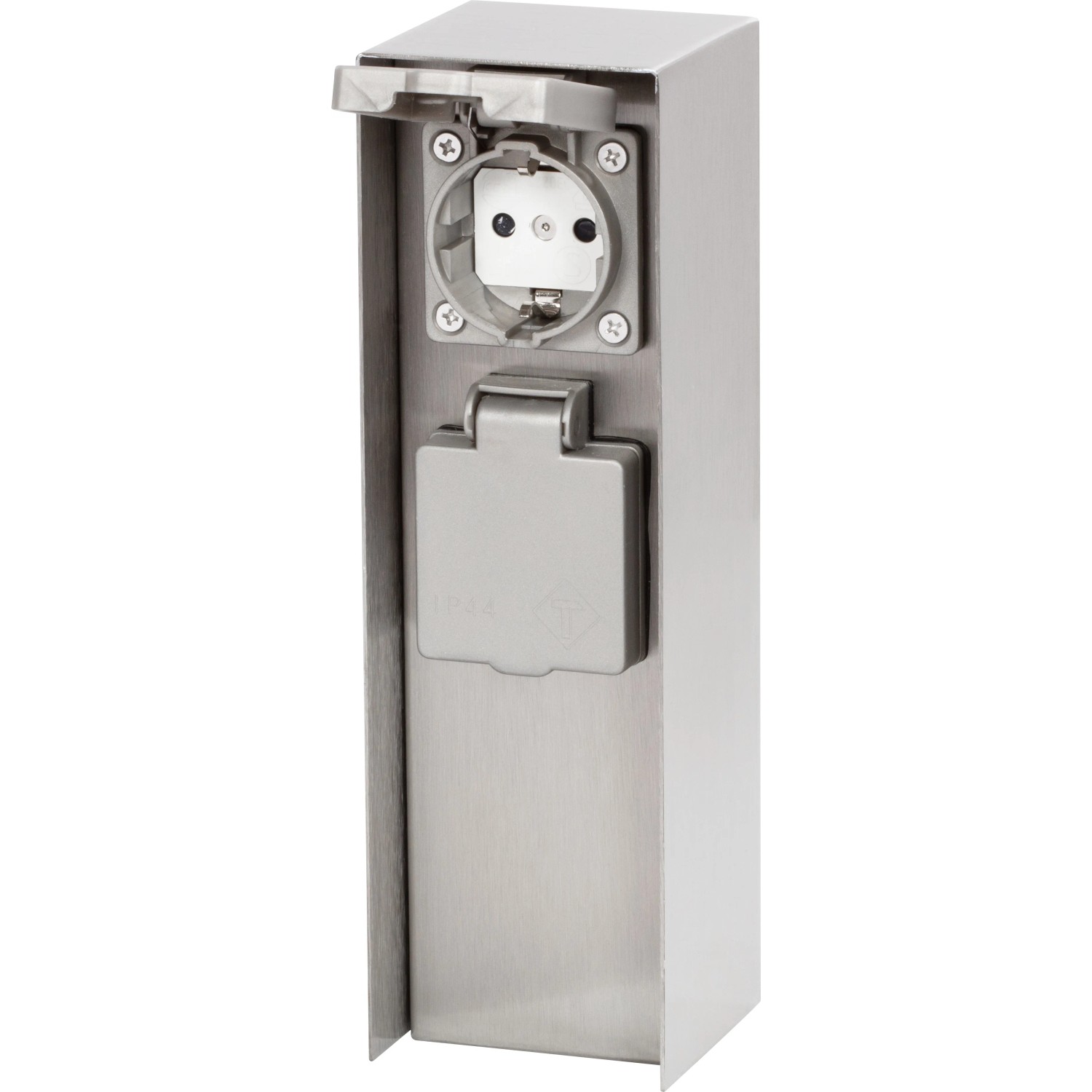 2-fach Steckdosensäule IP44 in Silber aus Edelstahl für den Außenbereich.