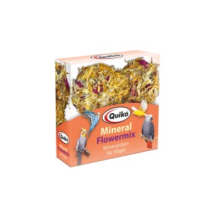 Quiko Mineral Flowermix Pickstein für Ziervögel mit Blüten und Getreide, 90g Packung.