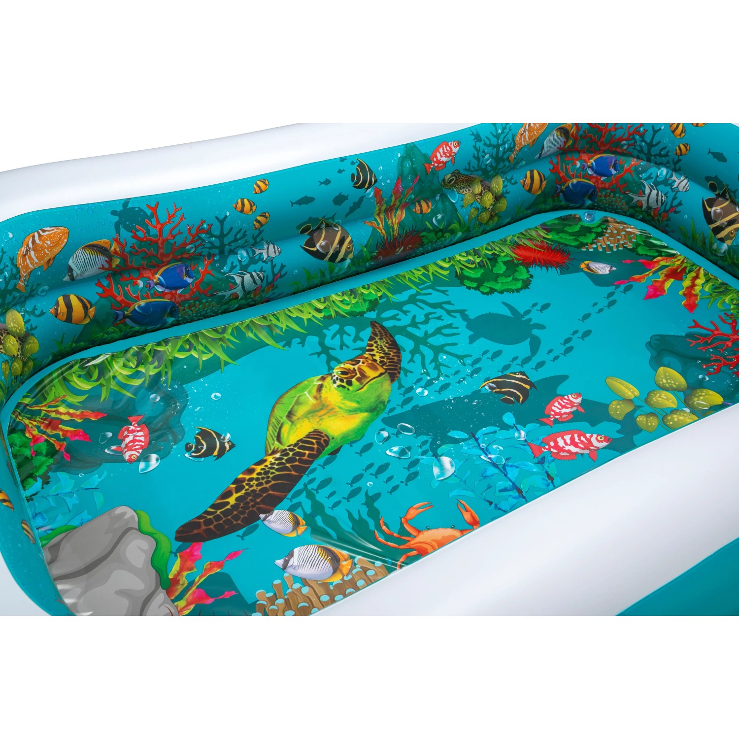 Bestway Family Pool mit 3D Unterwasserwelt-Motiv, eckig, 262x175x51 cm. Planschbecken mit aufgedruckten Fischen und Schildkröte.