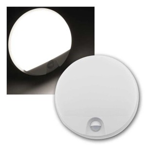 Weiße, runde LED Wandleuchte PAYAR mit PIR Bewegungsmelder, beleuchtet und unbeleuchtet. Ideal für Innen & Außen.