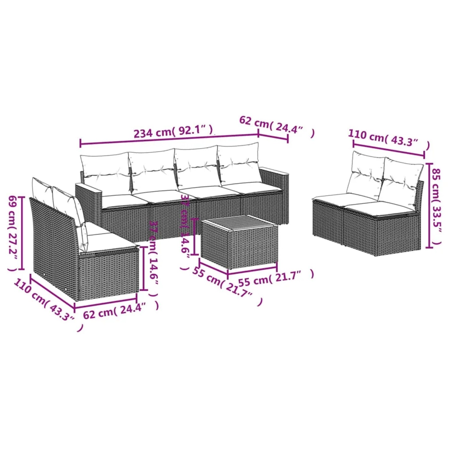 vidaXL 9-tlg. Garten-Sofagarnitur Beige Poly Rattan mit Maßen. Gartenmöbel für Terrasse und Garten.
