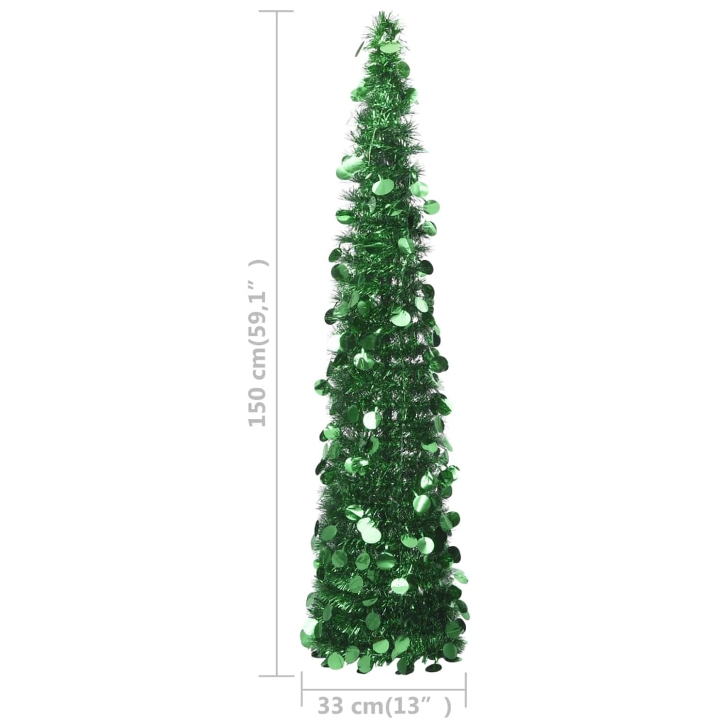 Grüner, künstlicher Pop-Up Weihnachtsbaum, 150 cm hoch, aus PET-Material.