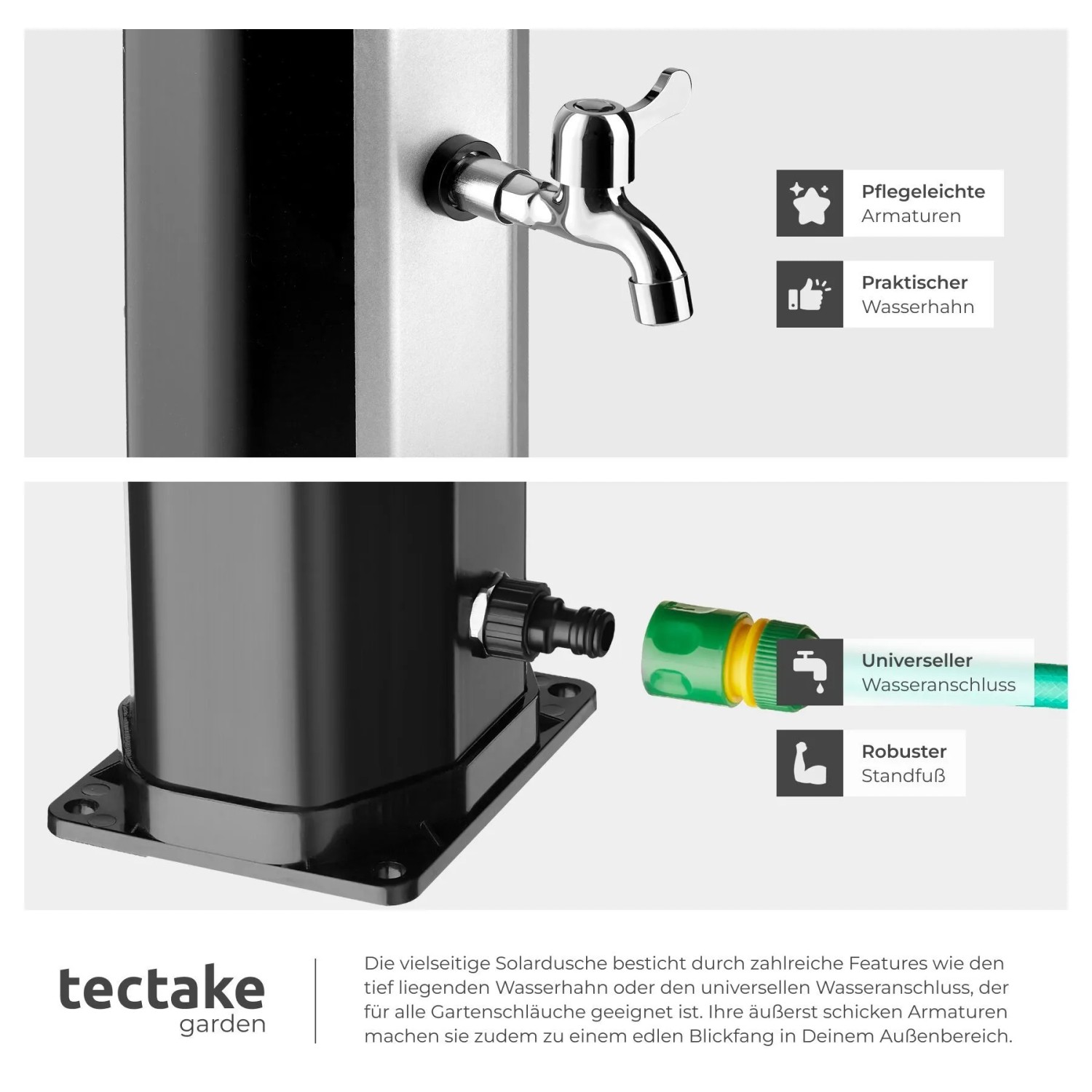 Tectake Solardusche Ofanto mit Wasserhahn und Gartenschlauchanschluss.