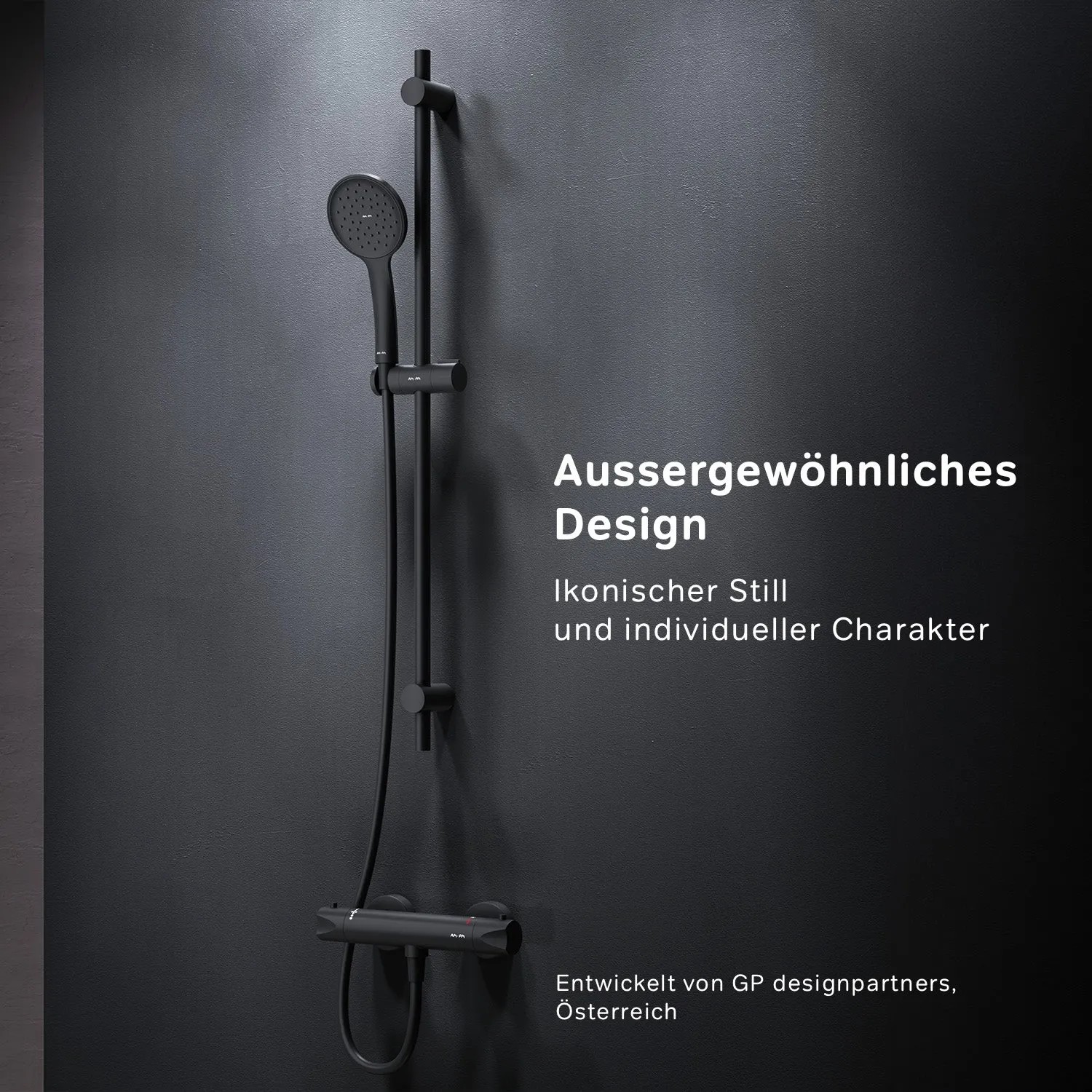 Schwarzes AM.PM Duscharmaturen-Set mit Thermostat, Handbrause und Duschstange.
