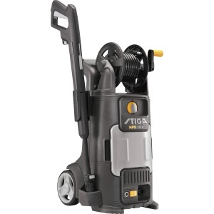 Stiga HPS 235 R Hochdruckreiniger mit Schlauchtrommel und Rädern.