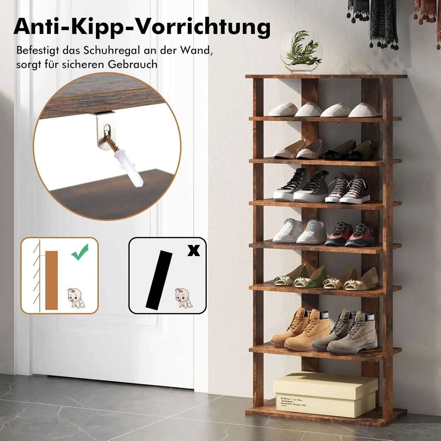 Braunes 8-stufiges Holz Schuhregal, höhenverstellbar, mit Schuhen. Zeigt Anti-Kipp-Vorrichtung.
