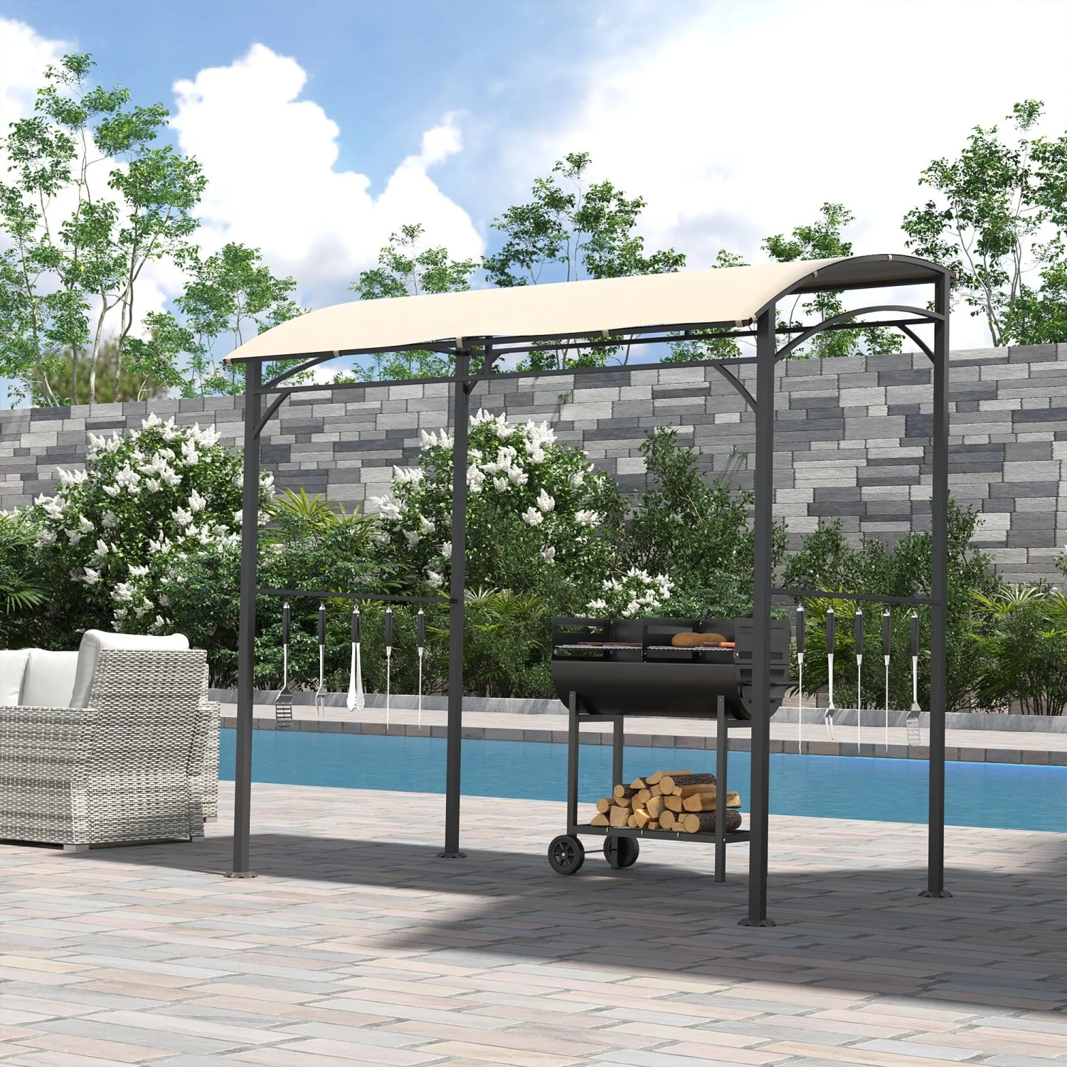 Outsunny GrillPavillon Metall Polyester Beige Schwarz 215B x 150T x 182/220H cm_2