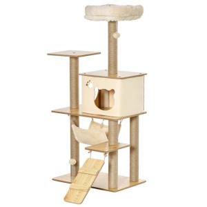 Beiger PawHut Kratzbaum mit Katzenhöhle, Jutestämmen und Spielbällen, 130cm hoch.