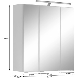 Held Möbel 3D-Spiegelschrank Molina, 60 cm, Weiß, mit Maßen und LED-Aufsatzleuchte.