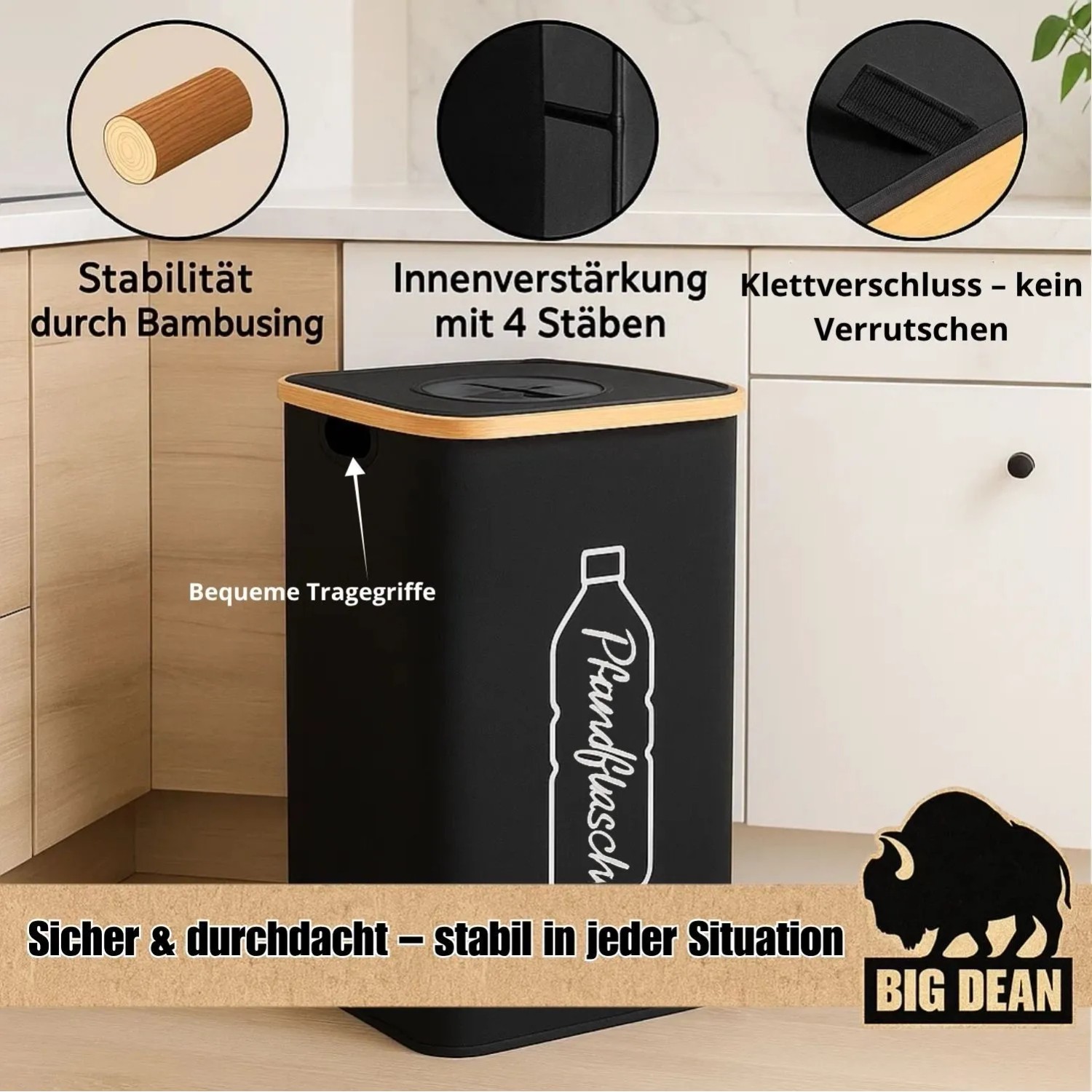 BigDean Pfandflaschen-Sammelbehälter 100L mit Deckel und Tragetasche.