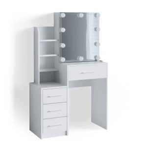 Weißer Vicco Schminktisch Conrada mit LED-Beleuchtung, Spiegel, Schubladen und Ablagen.