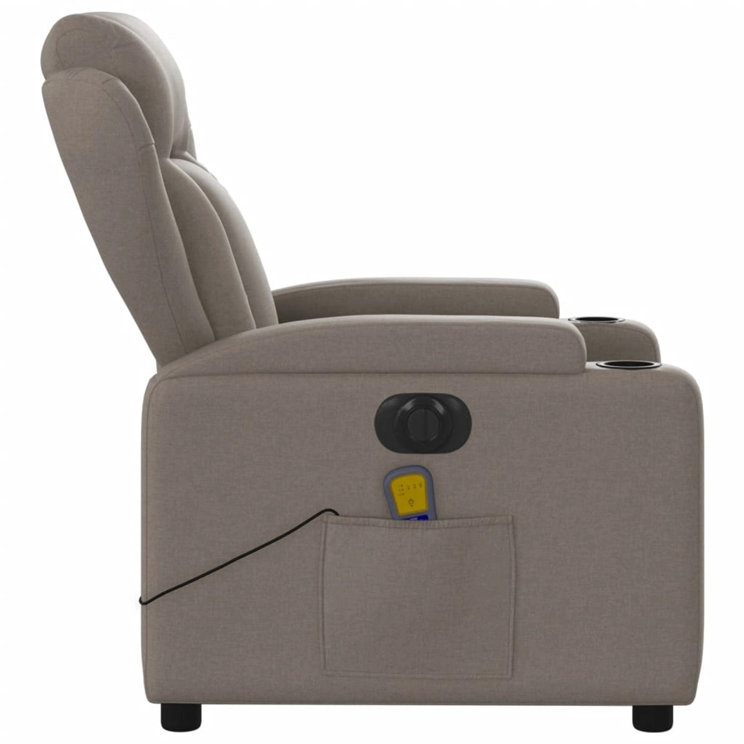 Elektrischer Massagesessel Taupe mit Getränkehalter und Fernbedienung in Seitentasche.