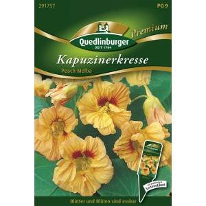 Samenpackung Quedlinburger Kapuzinerkresse 'Peach Melba' mit creme-gelben Blüten.