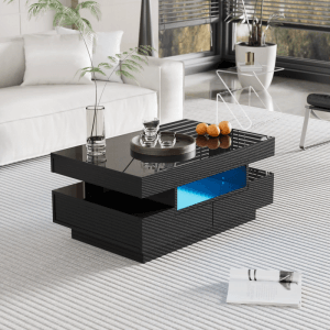 Schwarzer Hochglanz Couchtisch mit LED, Schubladen und Fächern. Moderner Wohnzimmertisch.