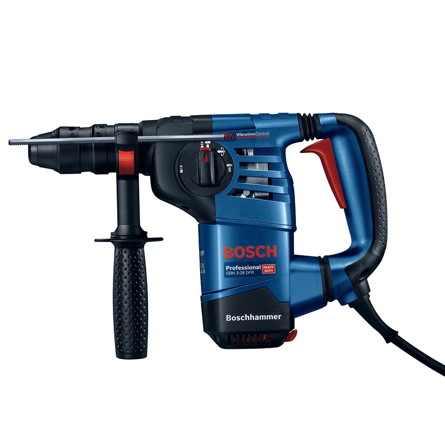 Blauer Bosch Professional Bohrhammer GBH 3-28 DFR mit Zusatzhandgriff und SDS-Plus Aufnahme.