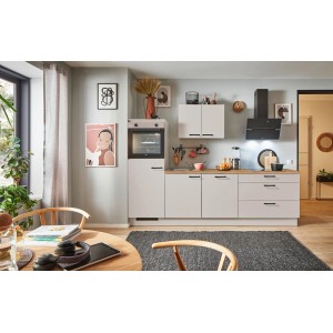 Moderne pino Küchenzeile in Kaschmirgrau mit Geräten und Eichen-Arbeitsplatte.