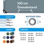 Infografik zur Karat Abdeckplane: Details zu Gewicht, Ösenabstand, Farben und Größen der Schutzplane.