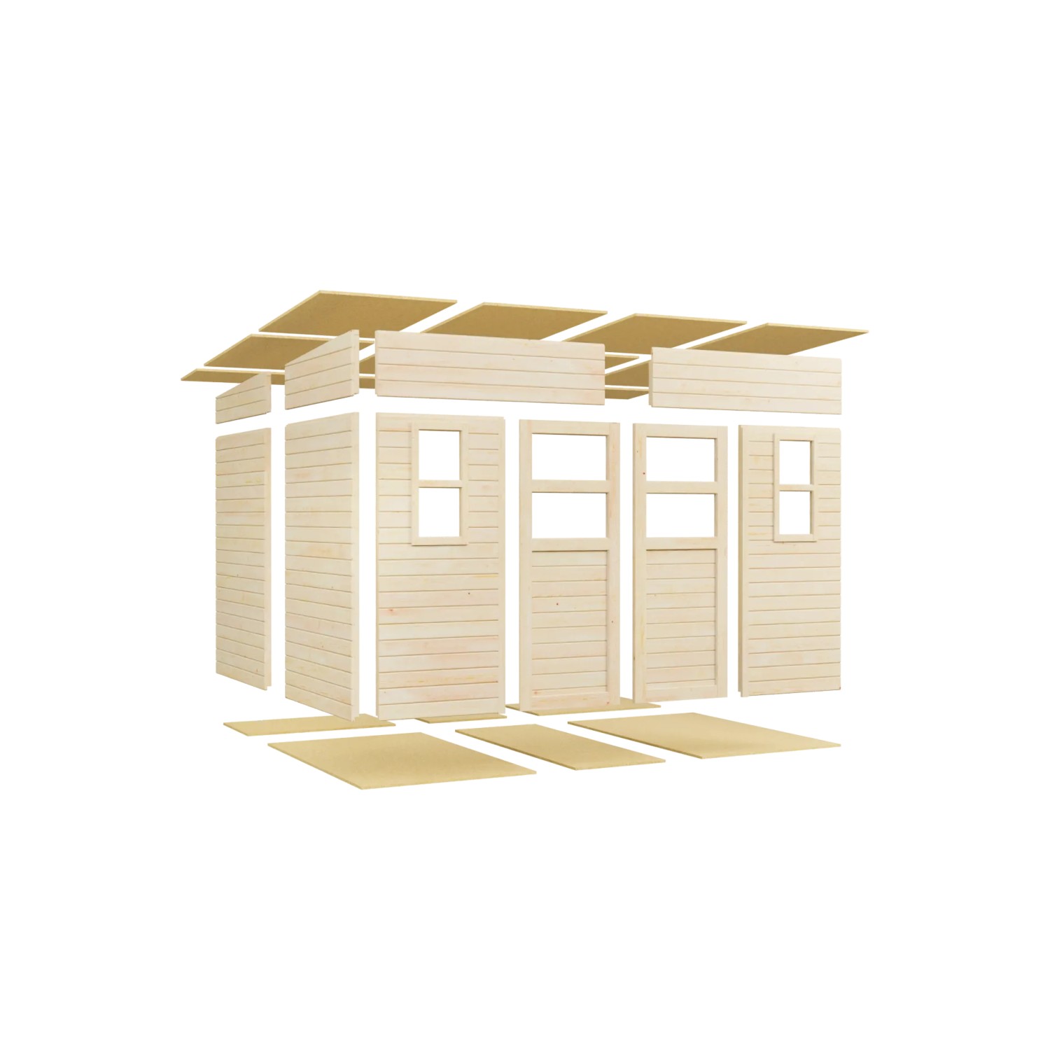 Elemente des hellgrauen Bertilo Gartenhauses Felix 4 Plus XL (431x245cm) aus Holz.