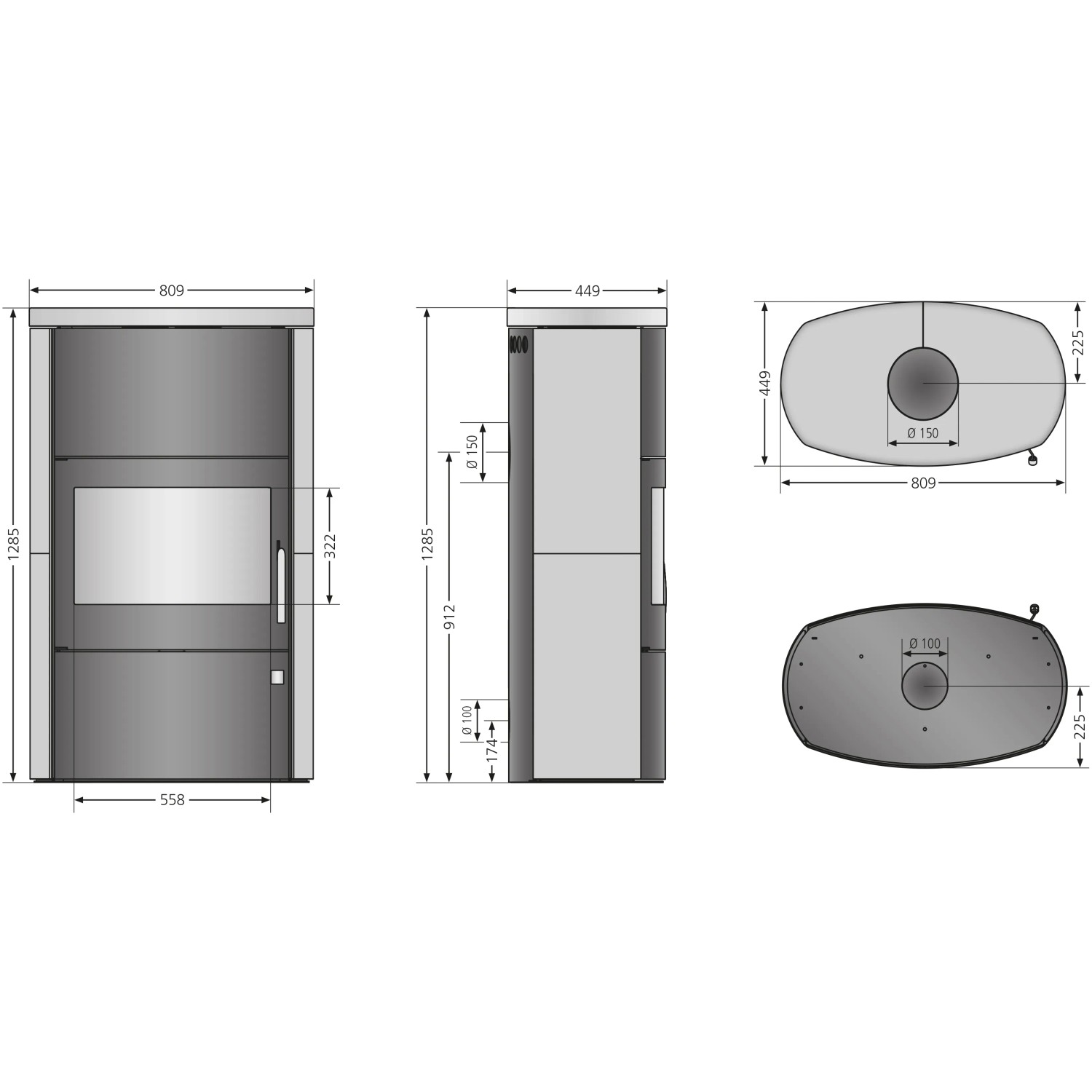 Detailzeichnung Justus Kaminofen Agero W+ Stahl Schwarz 7 kW mit Maßen für Installation.
