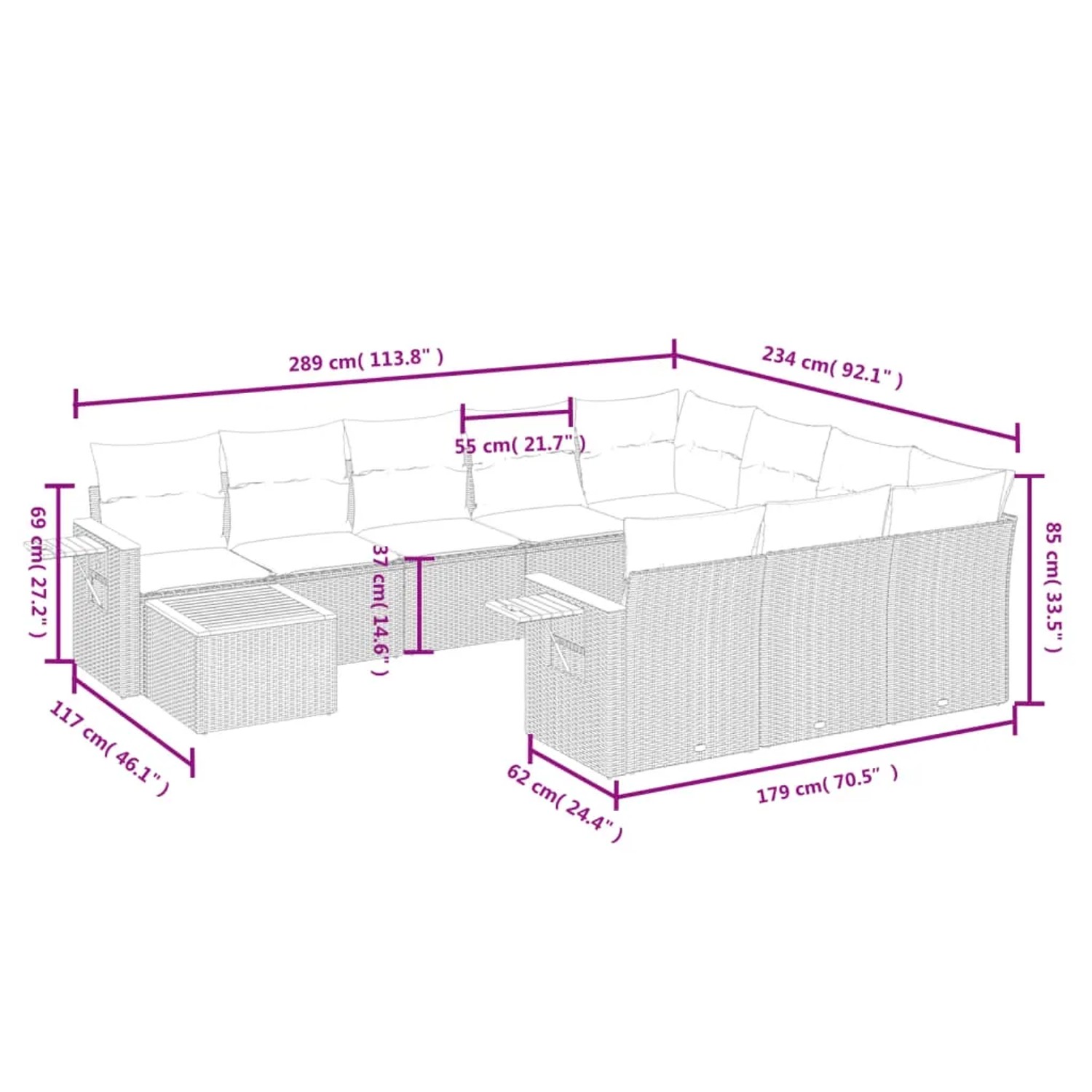 Beige 11-teilige Garten-Sofagarnitur aus Polyrattan mit Kissen, Maße eingezeichnet.