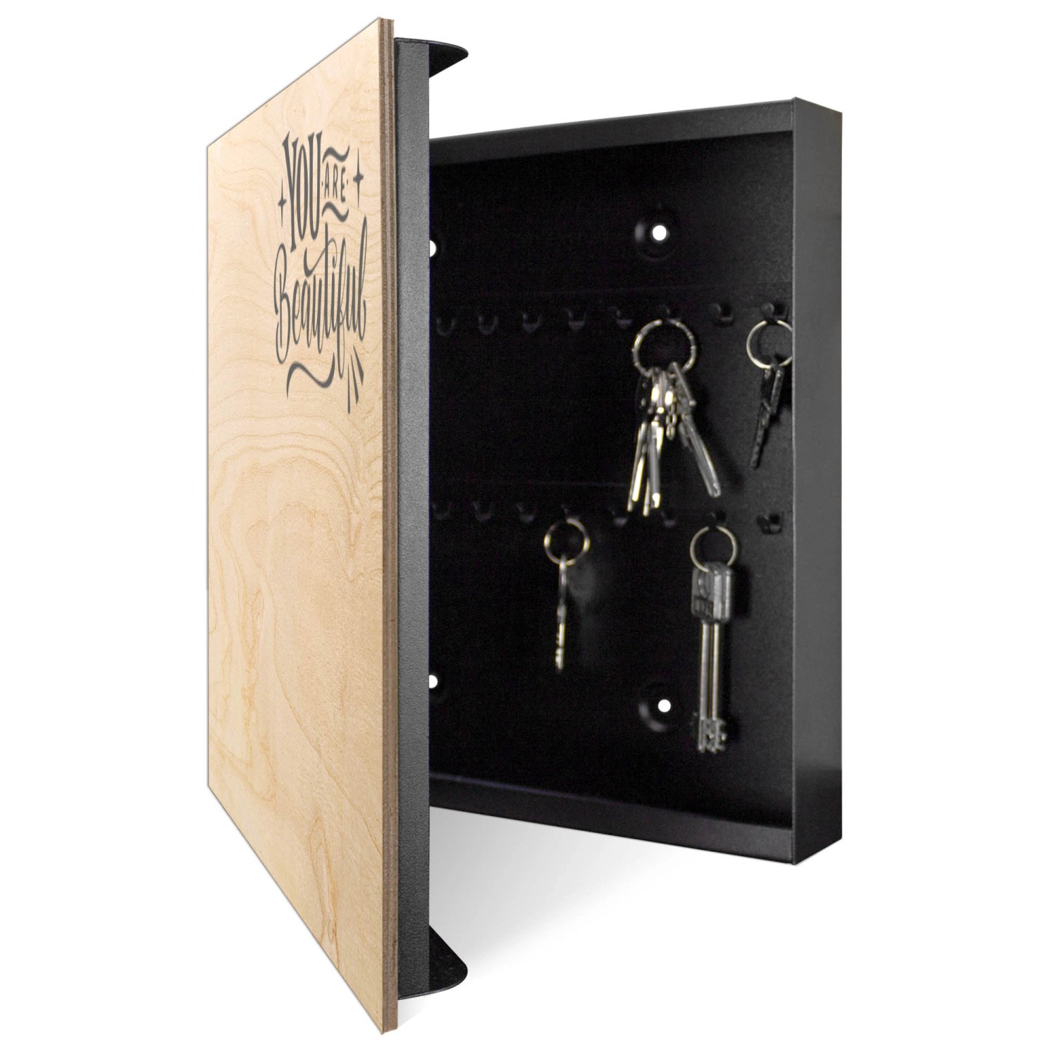 Offener Banjado Schlüsselkasten aus Holz mit Motiv "Inspirierende Botschaft", 50 Haken, schwarzer Korpus.