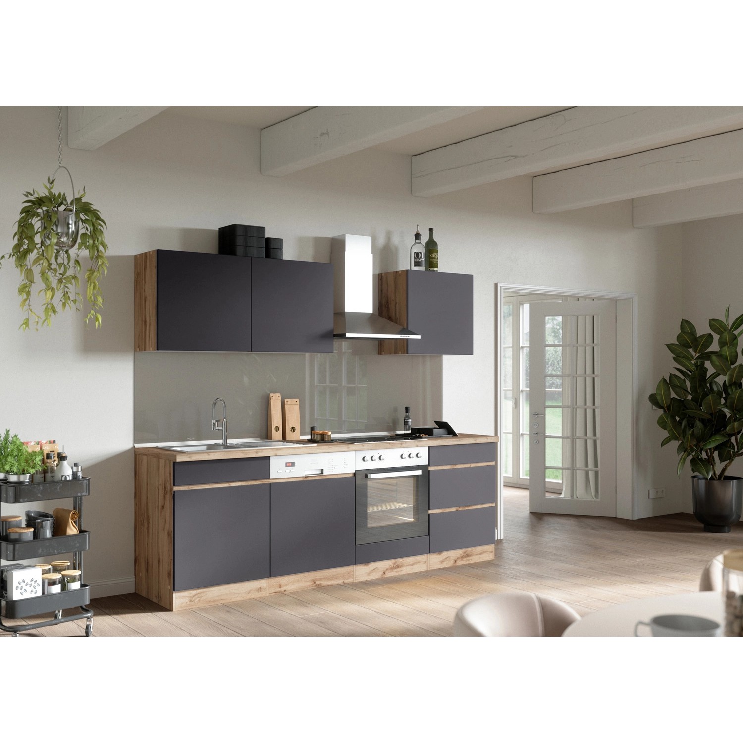 Held Möbel Küchenzeile/Küchenblock Turin 240 cm Graphit-Wotaneiche mit E-Geräten