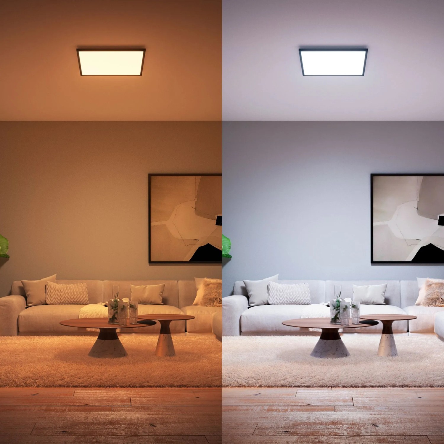 Philips Hue Aurelle LED-Panel, 60x60 cm, mit warmweißem und kaltweißem Licht in Wohnraum.