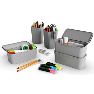 Graue Aufbewahrungsbox Divider Low mit Deckel, stapelbar und vielseitig für Ordnung.