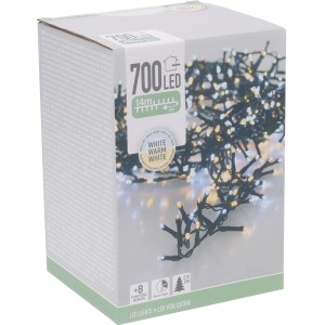 Verpackung einer 14 m langen Lichterkette mit 700 LEDs in Weiß und Warmweiß für den Außenbereich.