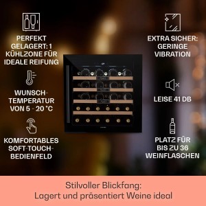 Klarstein Einbau-Weinkühlschrank Vinsider 36 mit Glasfront und Holzböden für 36 Flaschen.