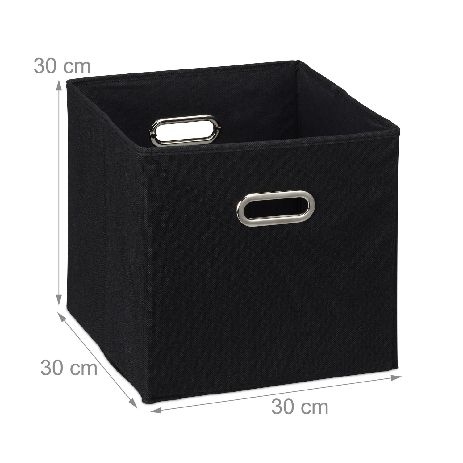 Schwarze würfelförmige faltbare Stoff Aufbewahrungsbox 30x30x30 cm mit Metallgriffen für Regale.