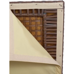 Detailansicht der braunen Kissenbox Davenport mit Polyrattan-Geflecht und Innenverkleidung.