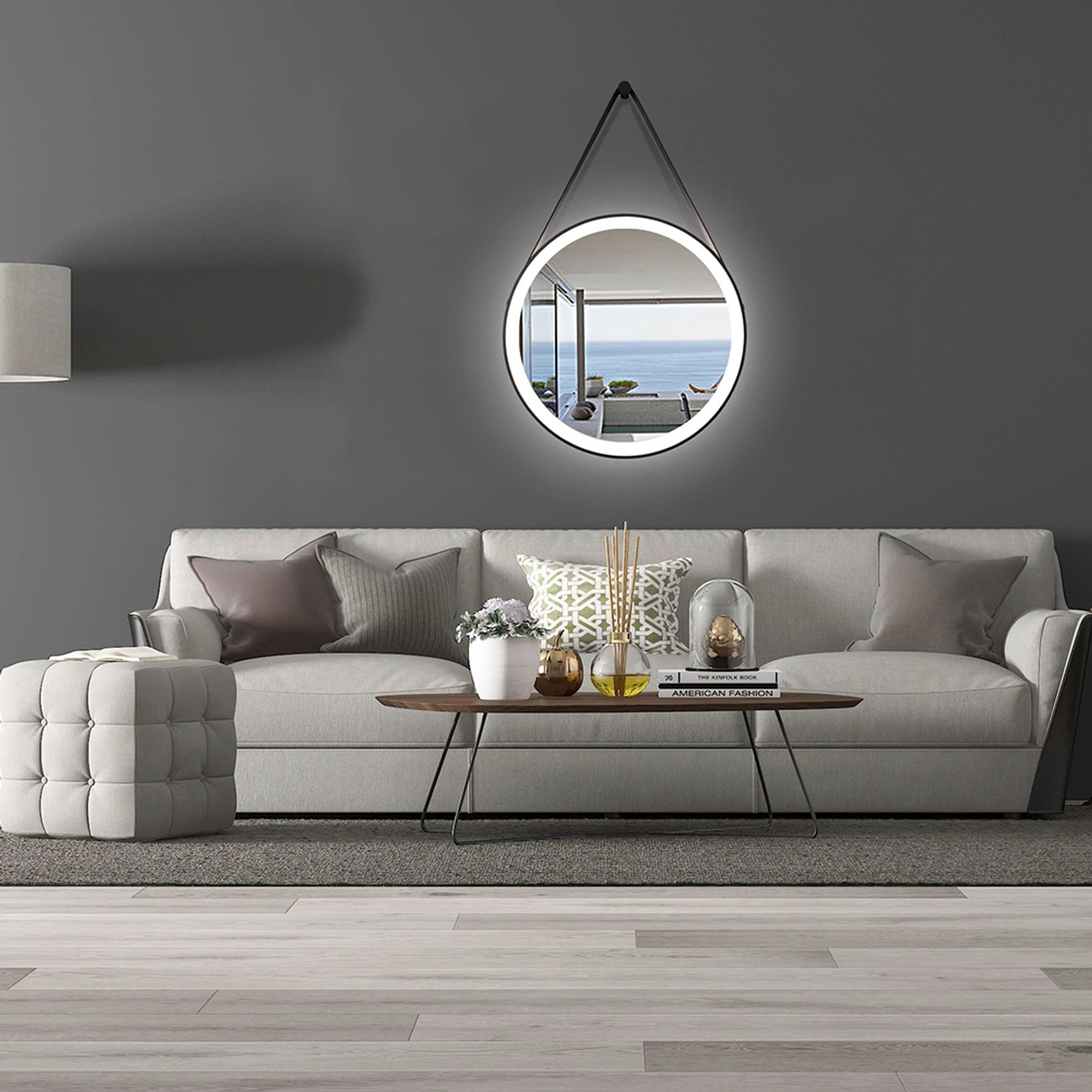 Runder DSK Design LED-Lichtspiegel Black Verano, Ø 55 cm, mit Lederband zur Wandmontage.