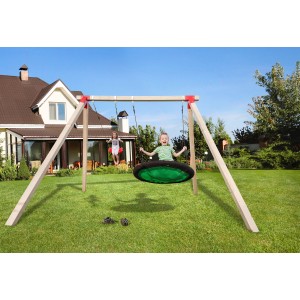 Weka Doppel-Schaukel Tabaluga mit Nestschaukel und Kind auf Brettschaukel im Garten.