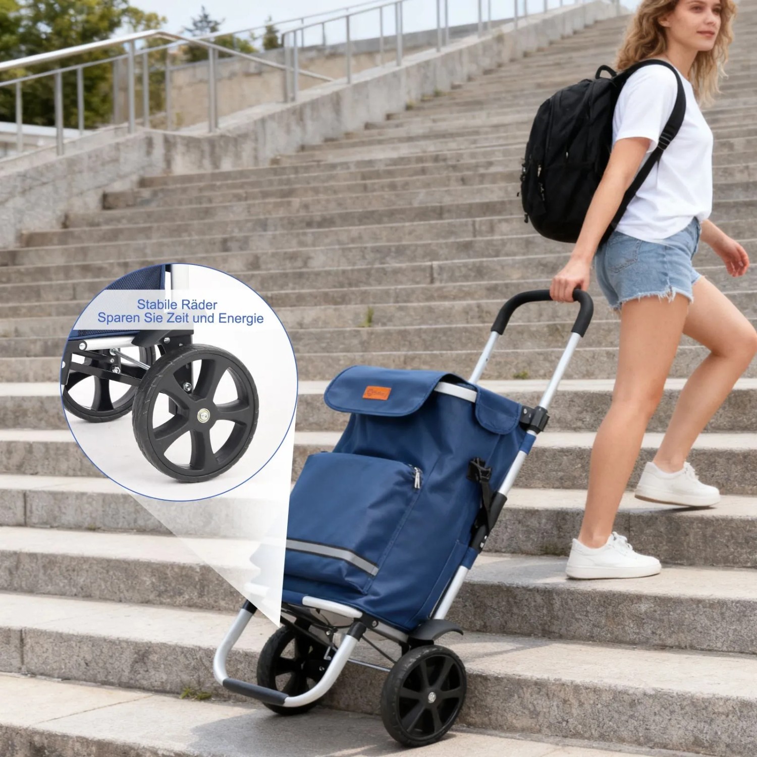 Sekey 3-in-1 Einkaufstrolley in Blau mit Kühlfach und Spanngurt auf Treppe.