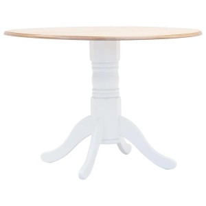Runder vidaXL Esstisch, 106 cm, weißes Gestell, braune Tischplatte aus Massivholz.