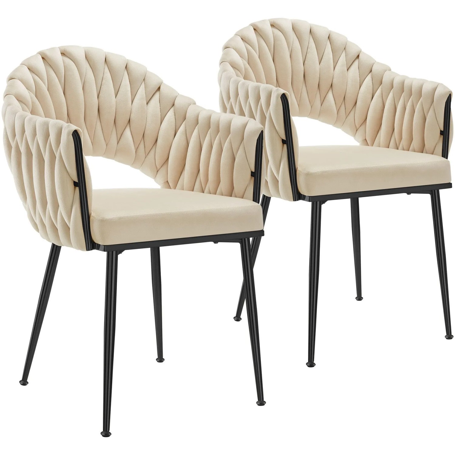 Tectake Esszimmerstuhl Caslano Gepolstert  Mit Samtbezug Durchgehende Lehne Im Flechtdesign 2Er Set 57 x 55 x 84 cm Sandfarben Schwarz